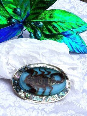 Large Oval Mexican 925 Sliver Scorpion and Abalone Belt Buckle 4" x 2 3/4"